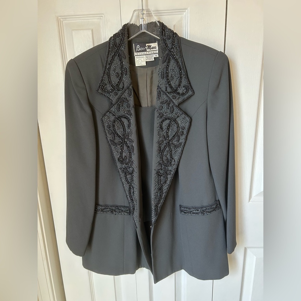 Ben Marc International Women's Gray Embellished Suit with Modesty Panel Size 12